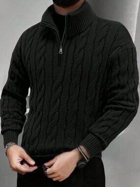 Black Casual Men's Winter Rib-Knit Drop Sleeve Half-Zip Polo Sweater